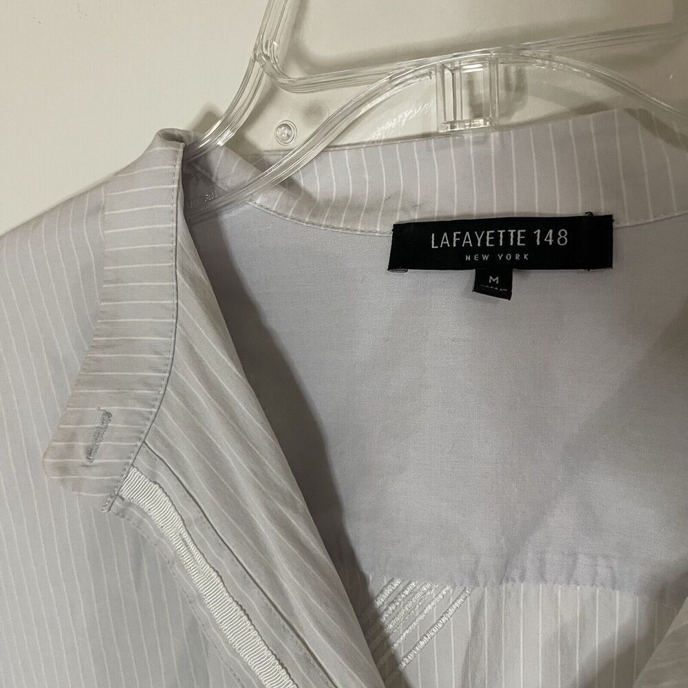 LAFAYETTE 148 new york gray stripe diamond button down cotton blouse medium - Picture 5 of 6